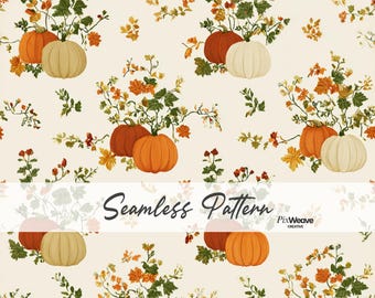 Patrón sin costuras de ramo de calabazas vintage, tela floral de cosecha estilo cottagecore, papel digital rústico de calabazas otoñales