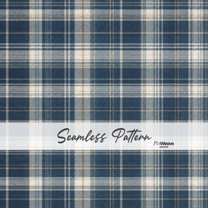 May include: A seamless pattern featuring a plaid design with intersecting lines in shades of navy blue, white, and tan. A horizontal white banner across the center displays the text Seamless Pattern and the PixWeave Creative logo.
