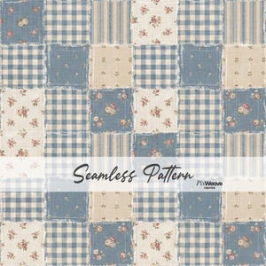 Op de afbeelding: Een naadloos patchworkpatroon met vierkanten van blauw geruit, bloemenprints en gestreepte stof. Het ontwerp heeft gerafelde randen en een vintage esthetiek. De tekst "Seamless Pattern" wordt in het midden weergegeven.