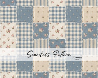 Blaues Blumenmuster Gingham Patchwork Nahtloses Muster, Cottagecore Quilt Digitales Papier, Bauernhaus druckbare Stofftapete