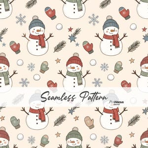 May include: A seamless pattern featuring illustrated snowmen wearing colorful knit hats and scarves, interspersed with red and green mittens, snowflakes, pine branches, and stars on a light cream background. The text Seamless Pattern is visible.
