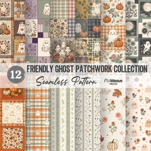 Sömlöst mönsterpaket med vintage Halloween-spöken, Cottagecore-tygdesign, hösttäcke, 12 digitala papper