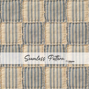Può includere: Motivo senza cuciture con un design patchwork. Il motivo presenta quadrati alternati con sfondo color crema e strisce blu verticali. I bordi dei quadrati hanno un bordo a balze. Il testo "Seamless Pattern" è visualizzato sull'immagine.