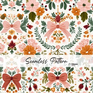 May include: A seamless pattern featuring a repeating design of light pink bows, orange and pink flowers, and dark green foliage on a white background. The text Seamless Pattern and PixWeave Creative is printed across the centre of the image.