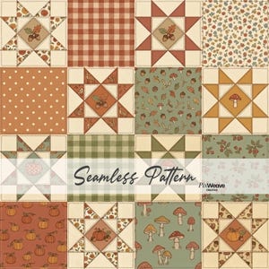 秋のパンプキンパッチワークシームレスパターン、秋のキルト生地、コテージコアデジタルペーパー