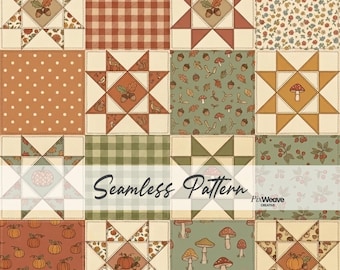 Autumn Pumpkin Patchwork Seamless Pattern, Fall Quilt Fabric, Cottagecore Digital Paper