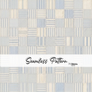 Puede incluir: Un patrón sin costuras con un diseño de patchwork. Los cuadrados alternan entre azul claro y crema, cada uno con diferentes patrones de rayas. El texto "Seamless Pattern" se muestra en la imagen.