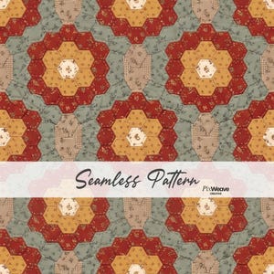 May include: A seamless pattern featuring a hexagonal quilt design with red, mustard yellow, and sage green fabric patches. The center hexagons have a cream floral print, while others display small gingham or botanical patterns with visible stitching.