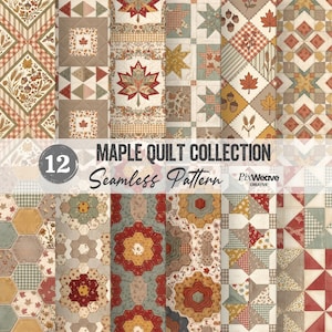 May include: A collection of 12 seamless quilt patterns featuring autumn-themed designs with maple leaves, acorns, wheat, and geometric shapes in shades of red, orange, brown, and cream. The image includes the text MAPLE QUILT COLLECTION.
