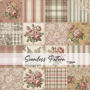 Könnte beinhalten: Nahtloses Patchwork-Muster mit Rosen, Spitze, Streifen und Karos in Rosa-, Creme- und Grüntönen. Der Text "Seamless Pattern" ist ebenfalls enthalten.