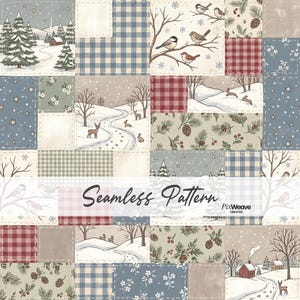Peut inclure: Un motif numérique de tissu style patchwork présentant un design sans couture de scènes hivernales, incluant des sapins enneigés, des chalets, des cerfs, des lapins et des oiseaux sur des branches, avec des carrés vichy et floraux. Texte : Seamless Pattern.
