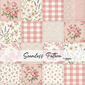 May include: A seamless pattern with a patchwork design. It features squares with floral and gingham patterns. The squares display roses, daisies, lavender, and lace in pink, white, and cream. The text "Seamless Pattern" is across the center.