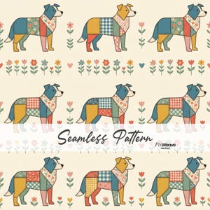 Könnte beinhalten: Ein nahtloses Muster mit stilisierten Hunden, die aus patchworkartigen Segmenten in verschiedenen Farben sowie Blumen- oder Karomustern bestehen. Die Hunde sind in Reihen angeordnet und von kleinen bunten Blumen und Herzen auf cremefarbenem Grund umgeben.