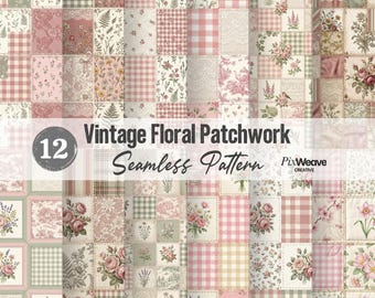 Paquete de 12 patrones vintage de patchwork floral sin costuras, papel digital de tela para colcha Cottagecore, conjunto de patrones shabby chic rosa y verde