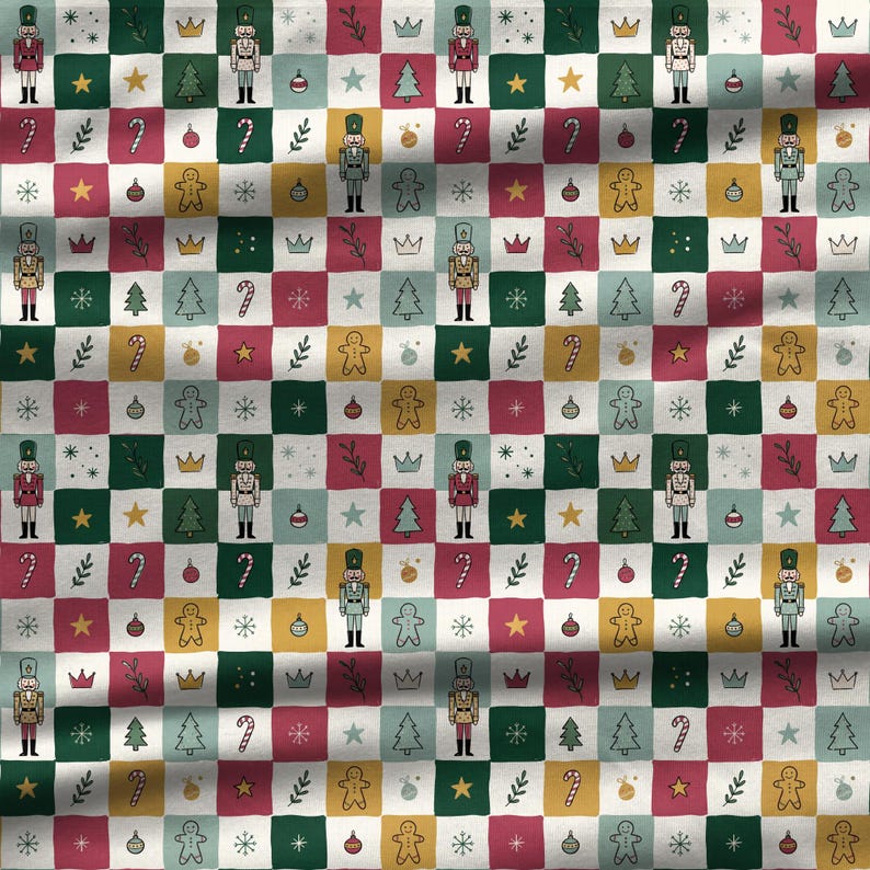 Vintage Christmas quilt style fabric pattern featuring nutcracker, gingerbread, candy cane and holiday motifs