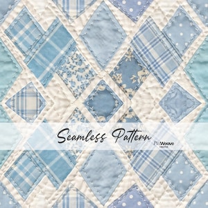 May include: A seamless pattern featuring diamond shapes in various shades of blue, including floral, plaid, and polka dot designs. The diamonds are stitched onto a cream-colored background, with the text "Seamless Pattern" across the center.