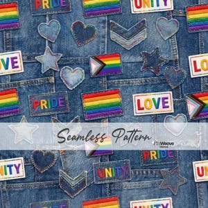 May include: A seamless pattern featuring denim patches with embroidered rainbow flags, hearts, stars, chevrons, and the words "PRIDE", "LOVE", and "UNITY". The design incorporates the colors of the LGBTQ+ pride flag.