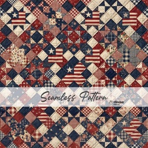 Può includere: Un motivo patchwork senza cuciture in rosso, bianco e blu, con bandiere americane, stelle e disegni floreali e a quadri. Il testo "Seamless Pattern" è visualizzato sull'immagine.