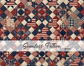 Americana quilt naadloos patroon, patriottisch patchwork digitaal papier, vintage 4 juli stoftextuur Cottagecore