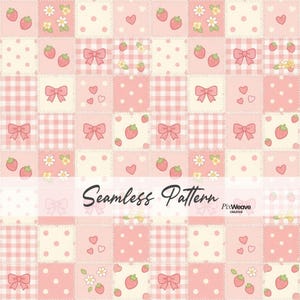 May include: A seamless pattern with a patchwork design in pink, cream, and white squares. The squares are decorated with strawberries, bows, hearts, daisies, and polka dots. The text "Seamless Pattern" is displayed.