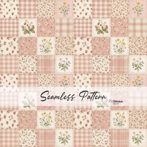Jordgubbslapptäcke sömlöst mönster, barnrumstyg för flickor, digitalt papper med blommigt ginghammönster från Cottagecore