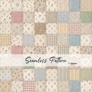 Könnte beinhalten: Ein nahtloses Muster mit einem Patchwork-Design. Es zeigt Stoffquadrate mit floralen Drucken, Vichy-Karos, Streifen und unifarbenen Farben in sanften Pastelltönen wie Rosa, Blau und Beige. Der Text "Seamless Pattern" wird angezeigt.