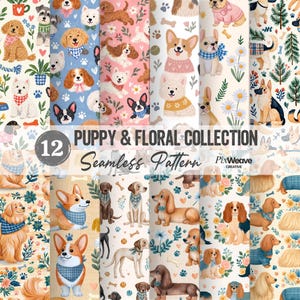 Watercolor Puppy & Floral Seamless Pattern Bundle Of 12, Cute Dog Fabric, Dog Lover Digital Paper  Set, Cottagecore Pet Textile Design