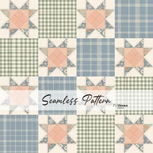 May include: A seamless pattern featuring a patchwork design with alternating squares. The squares include star-shaped blocks with peach centers and floral accents, along with plaid and gingham patterns in shades of blue, green, and cream. The text "Seamless Pattern" is displayed.