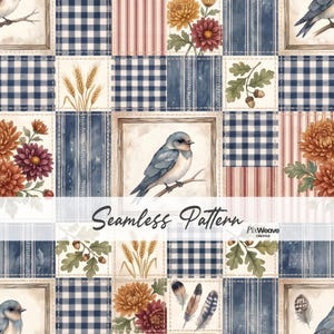 Könnte beinhalten: Ein nahtloses Muster mit einem Patchwork-Design aus blau-weißem Vichy-Karo, rot-weißen Streifen und Quadraten mit Illustrationen von blauen Vögeln, Weizenähren, Eichenblättern mit Eicheln, Federn sowie orangefarbenen und kastanienbraunen Blumen.
