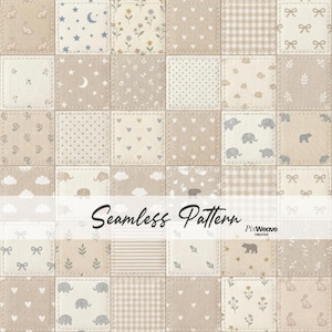 May include: A seamless pattern design featuring a patchwork of squares with various motifs. The squares display images of stars, moons, flowers, hearts, bows, clouds, bears, elephants, and rabbits in soft beige, cream, and blue tones. The text "Seamless Pattern" is across the center.