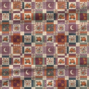 Cottagecore fall quilt fabric design featuring harvest pumpkins flowers leaves and patchwork squares