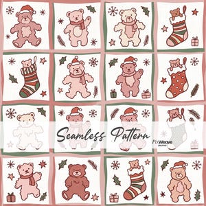 May include: A seamless pattern featuring a grid of square tiles with illustrations of teddy bears, Christmas stockings, snowflakes, holly leaves, and gift boxes in shades of pink, red, green, and white. The text Seamless Pattern is visible.