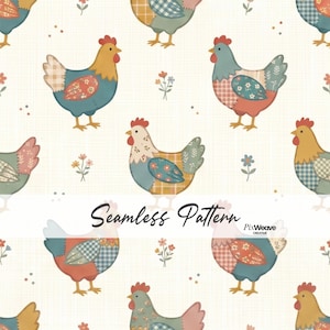 Chicken Patchwork Seamless Pattern, Farmhouse Chicken Fabric, Vintage Cottagecore Gingham Digital Paper, Farmhouse Hen Pattern