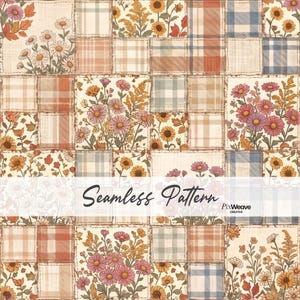 Sömlöst mönster med blommigt lapptäcke i vintagestil, höstquilttyg, digitalt rutigt papper i cottagecore, rustik hösttextildesign