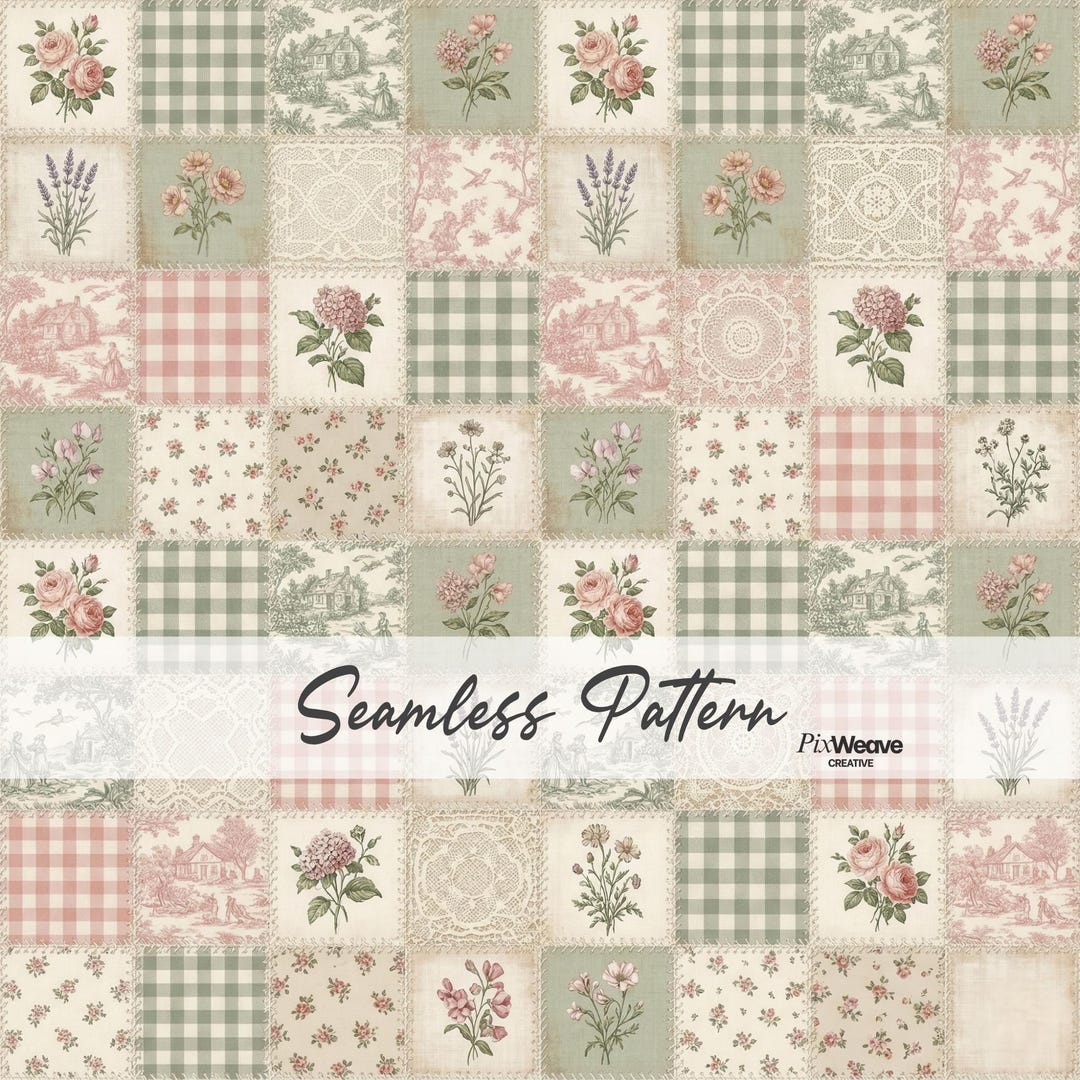 French Country Patchwork Seamless Pattern, Cottagecore Floral Quilt ...