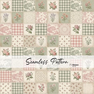 Può includere: Un motivo senza cuciture con un design patchwork. Presenta motivi floreali, a quadretti e toile de Jouy nei colori rosa tenue, verde e crema. Il testo "Seamless Pattern" è visualizzato in basso.