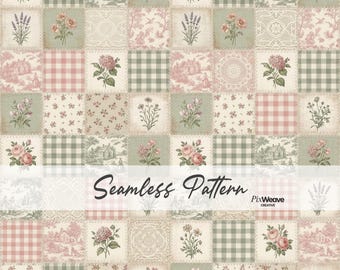 May include: A seamless pattern featuring a patchwork design with floral, gingham, and toile motifs in soft pink, green, and cream colors. The text "Seamless Pattern" is displayed across the bottom.