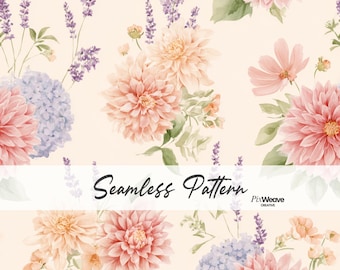 Estampado floral Shabby Chic sin costuras, tela Dahlia Hydrangea Lavender, papel digital Cottagecore, estampado Grandmillennial