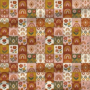 vintage folk floral seamless fabric with rainbow patchwork design in terracotta mustard palette
