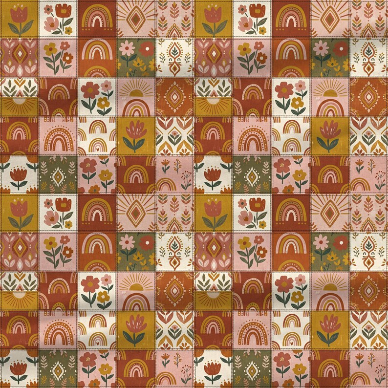 vintage folk floral seamless fabric with rainbow patchwork design in terracotta mustard palette
