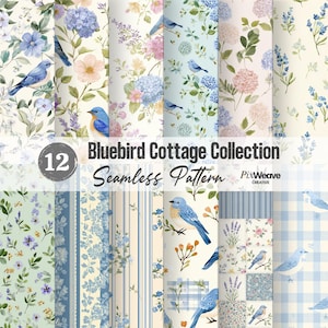 Bluebird Cottagecore sömlösa mönsterpaket 12-pack, digitalt papper med vintageblommor och fåglar, kollektion av bondgårdstygtryck