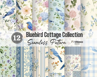 Paquete de 12 patrones sin costuras Bluebird Cottagecore, conjunto de papeles digitales Vintage Floral Birds, colección de estampados de tela Farmhouse
