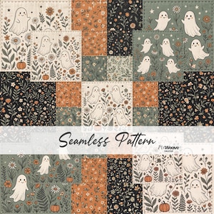 Cute Ghost Halloween Seamless Pattern, Cottagecore Patchwork Fabric, Pumpkin Floral Digital Paper, Spooky Autumn Textile