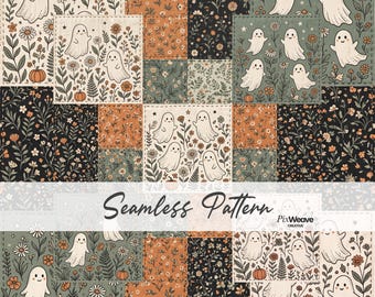 Cute Ghost Halloween Seamless Pattern, Cottagecore Patchwork Fabric, Pumpkin Floral Digital Paper, Spooky Autumn Textile