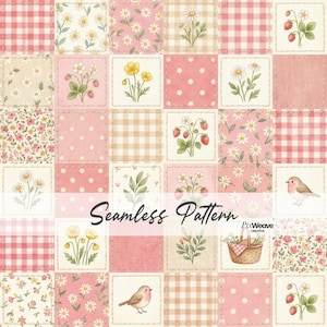 May include: A seamless pattern with a patchwork design, featuring squares with floral and gingham patterns. The squares display daisies, strawberries, and botanical illustrations in pink, beige, and white. The text "Seamless Pattern" is visible.