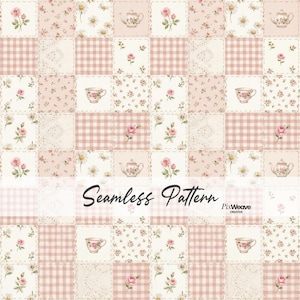 May include: A seamless pattern featuring a patchwork design with squares of floral, gingham, and lace patterns. The design includes teacups, teapots, and roses in soft pink and cream colors. The text "Seamless Pattern" is displayed.