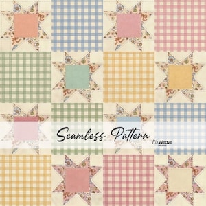 May include: A seamless pattern featuring a patchwork design with pastel colors. The design includes gingham squares in various colors, such as pink, blue, and yellow, and star-shaped elements with floral accents. The text "Seamless Pattern" is displayed.