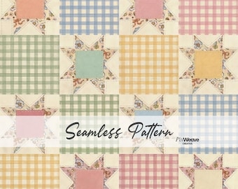 Pastel Seamless Fabric Pattern, Cottagecore Patchwork Quilt, Vintage Floral Gingham Digital Paper, Vintage Quilt Seamless Pattern