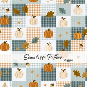 Nahtloses Kürbismuster in Blausalbei, digitales Papier im Cottagecore-Herbststil, Stoffdruck mit Herbstkaromuster, Patchwork-Hintergrund für die Erntezeit