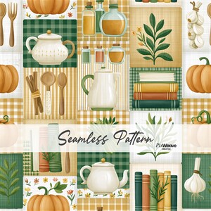 Op de afbeelding: Een naadloos patroon met keukenillustraties zoals witte theepotten, oranje pompoenen, houten lepels, glazen potten, stapels boeken, knoflookbollen en groene planten in een raster met geruite en gestreepte achtergronden.
